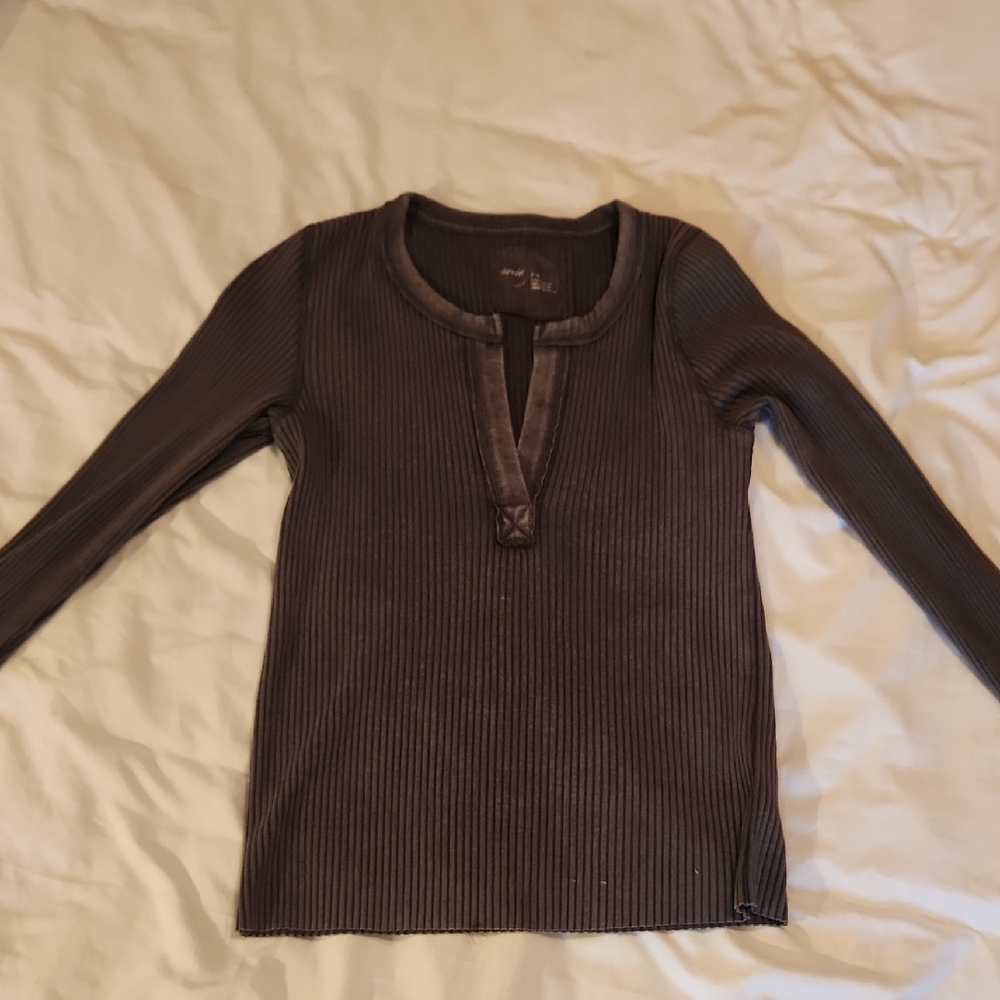 Aerie Women's Long Sleeve Ribbed Top - Dark Grey